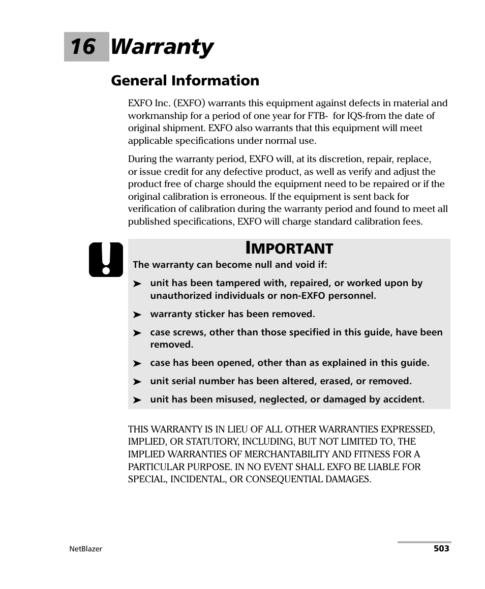 16 warranty, General information, Mportant | EXFO FTB-800 Series for FTB-1 User Manual | Page 513 / 621