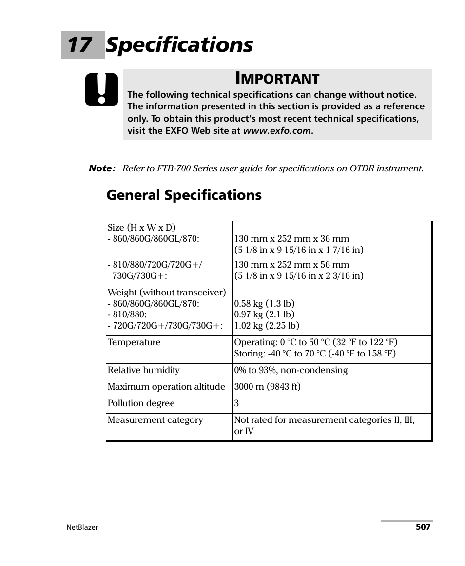 17 specifications, General specifications, Mportant | EXFO FTB-800 Series for FTB-1 User Manual | Page 517 / 621