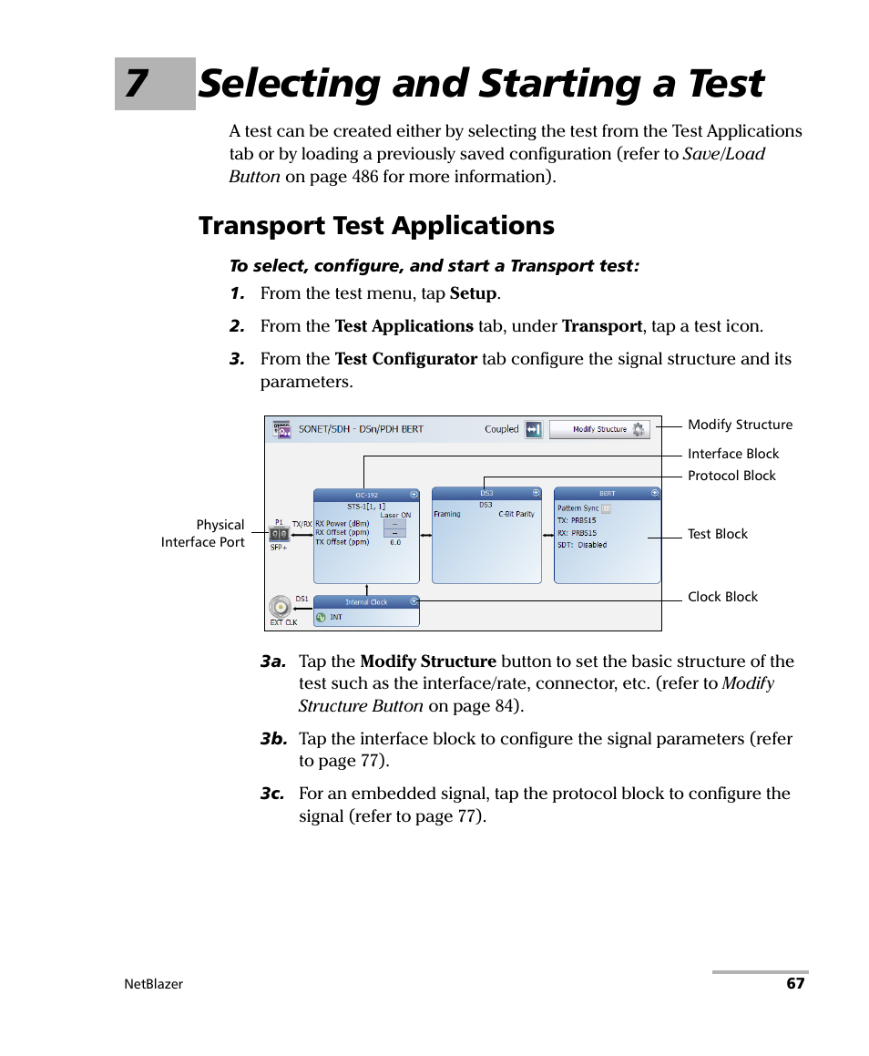 7 selecting and starting a test, Transport test applications, 7selecting and starting a test | EXFO FTB-800 Series for FTB-1 User Manual | Page 77 / 621