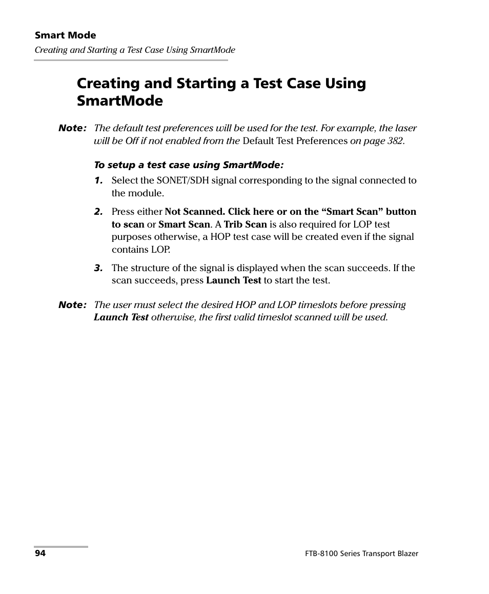 Creating and starting a test case using smartmode | EXFO FTB-8100 Series Transport Blazer for FTB-200 User Manual | Page 106 / 518