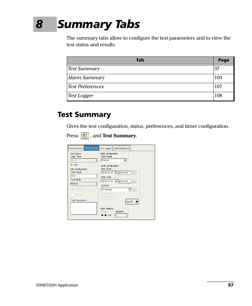 8 summary tabs, Test summary, Summary | 8summary tabs | EXFO FTB-8100 Series Transport Blazer for FTB-200 User Manual | Page 109 / 518