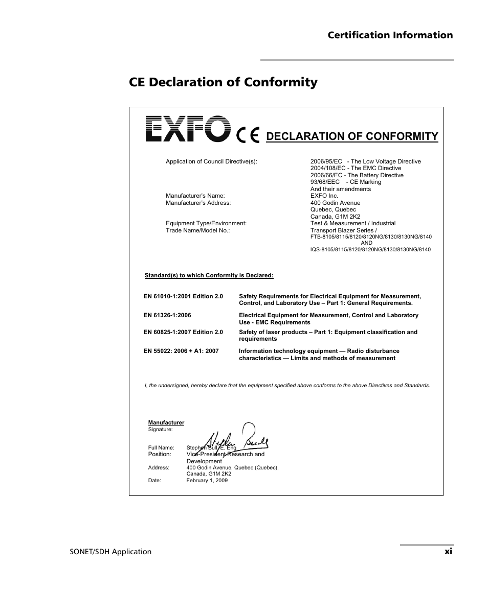 Ce declaration of conformity, Declaration of conformity, Certification information | EXFO FTB-8100 Series Transport Blazer for FTB-200 User Manual | Page 11 / 518
