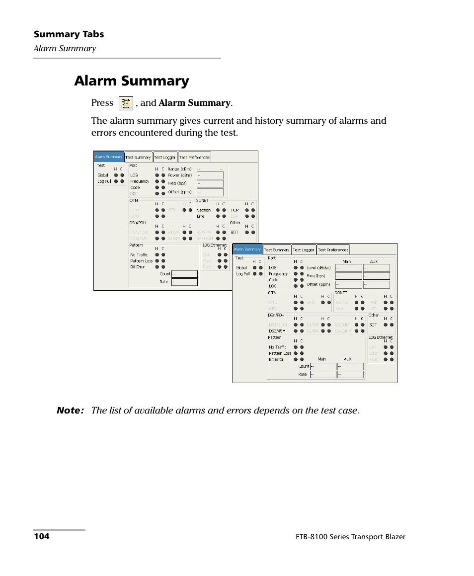 Alarm summary, Alarm summary 104 | EXFO FTB-8100 Series Transport Blazer for FTB-200 User Manual | Page 116 / 518
