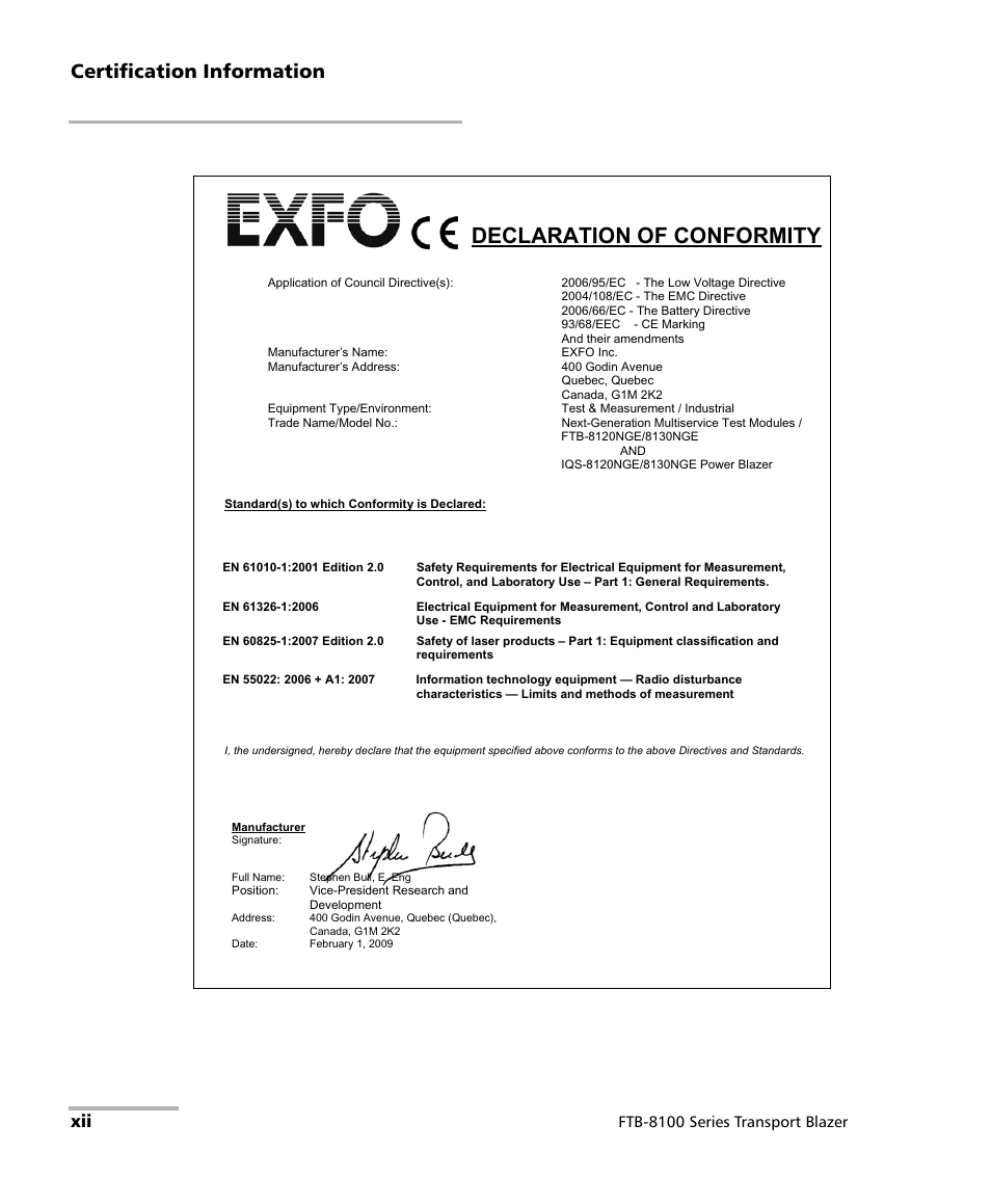 Declaration of conformity, Certification information, Ftb-8100 series transport blazer | EXFO FTB-8100 Series Transport Blazer for FTB-200 User Manual | Page 12 / 518