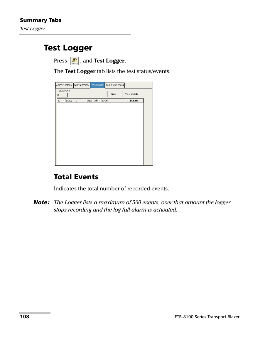 Test logger, Total events | EXFO FTB-8100 Series Transport Blazer for FTB-200 User Manual | Page 120 / 518