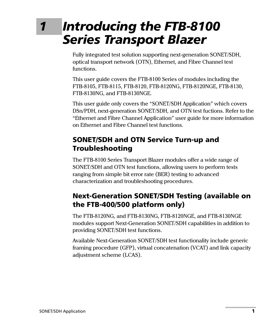 1 introducing the ftb-8100 series transport blazer | EXFO FTB-8100 Series Transport Blazer for FTB-200 User Manual | Page 13 / 518