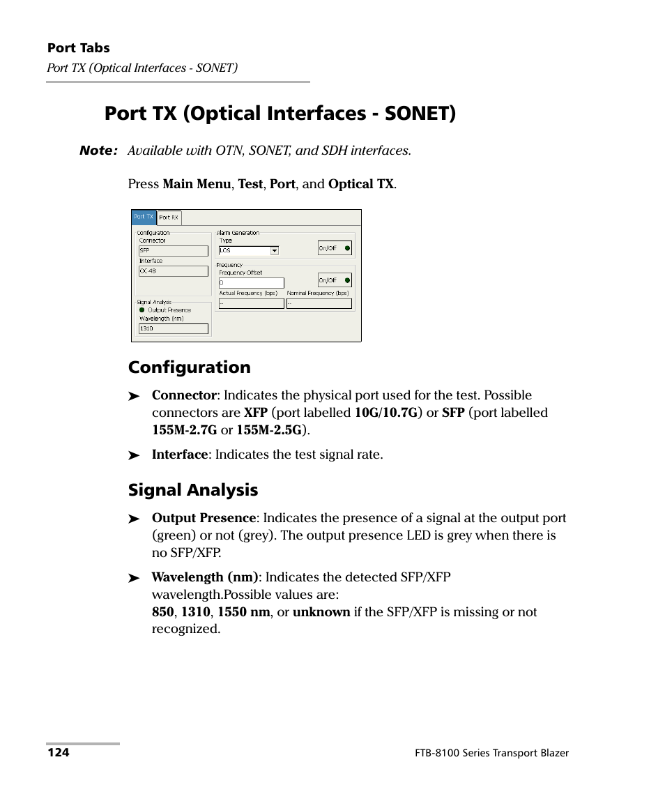 Port tx (optical interfaces - sonet), Configuration, Signal analysis | EXFO FTB-8100 Series Transport Blazer for FTB-200 User Manual | Page 136 / 518