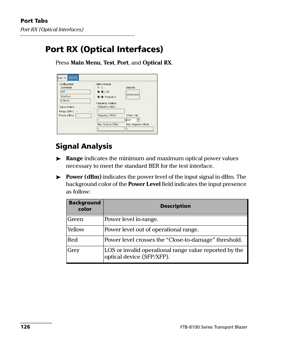 Port rx (optical interfaces), Signal analysis | EXFO FTB-8100 Series Transport Blazer for FTB-200 User Manual | Page 138 / 518