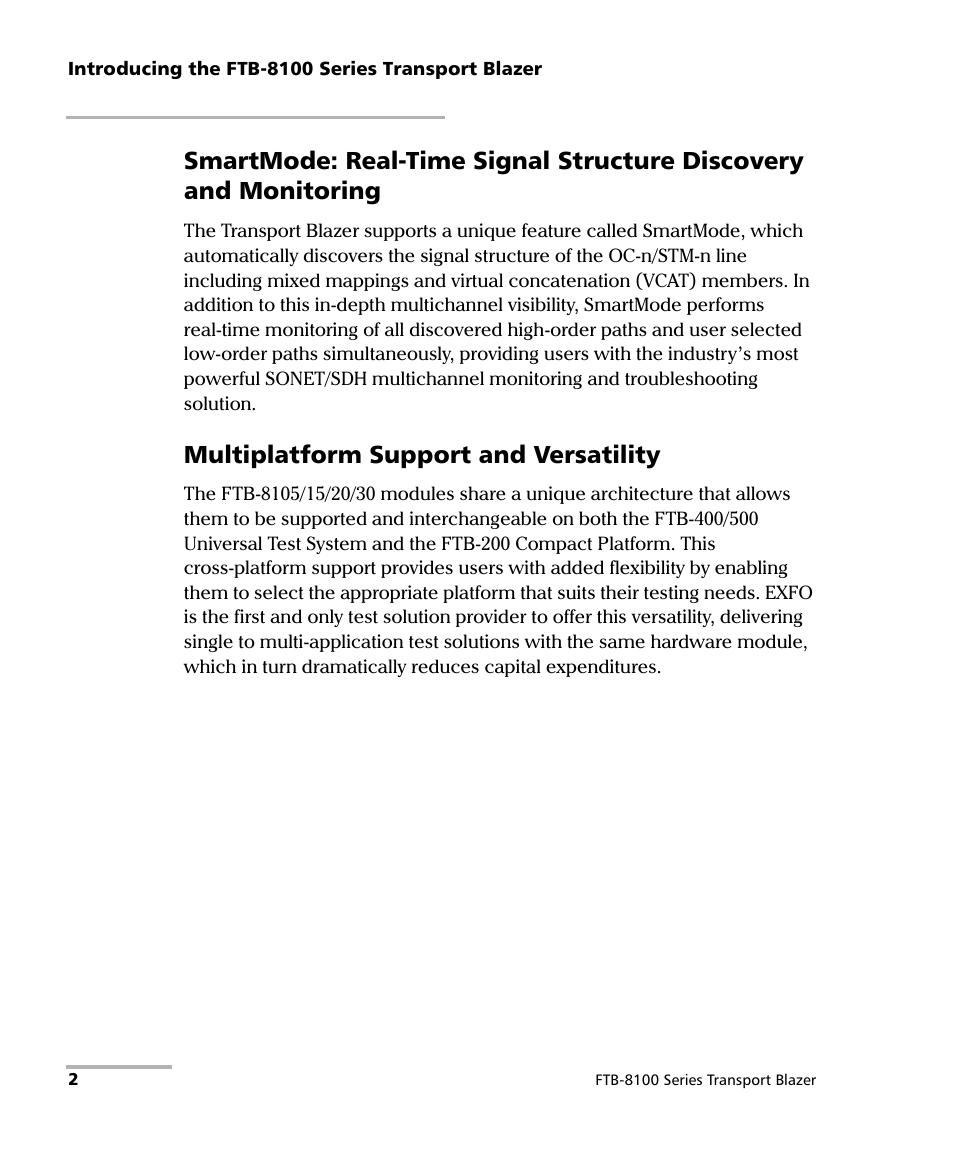 Multiplatform support and versatility | EXFO FTB-8100 Series Transport Blazer for FTB-200 User Manual | Page 14 / 518