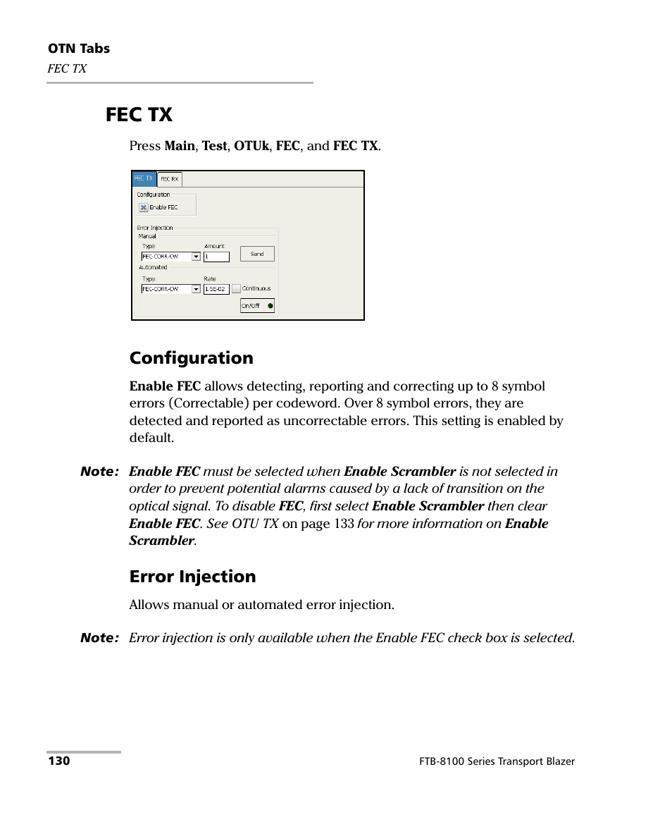 Fec tx, Configuration, Error injection | EXFO FTB-8100 Series Transport Blazer for FTB-200 User Manual | Page 142 / 518