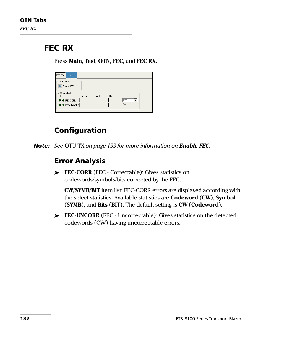 Fec rx, Configuration, Error analysis | EXFO FTB-8100 Series Transport Blazer for FTB-200 User Manual | Page 144 / 518
