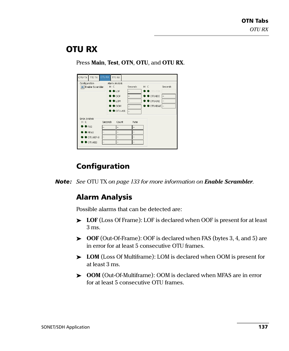 Otu rx, Configuration, Alarm analysis | EXFO FTB-8100 Series Transport Blazer for FTB-200 User Manual | Page 149 / 518