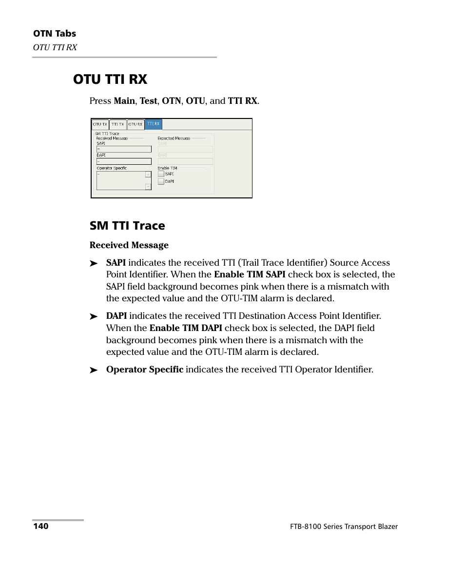 Otu tti rx, Sm tti trace | EXFO FTB-8100 Series Transport Blazer for FTB-200 User Manual | Page 152 / 518