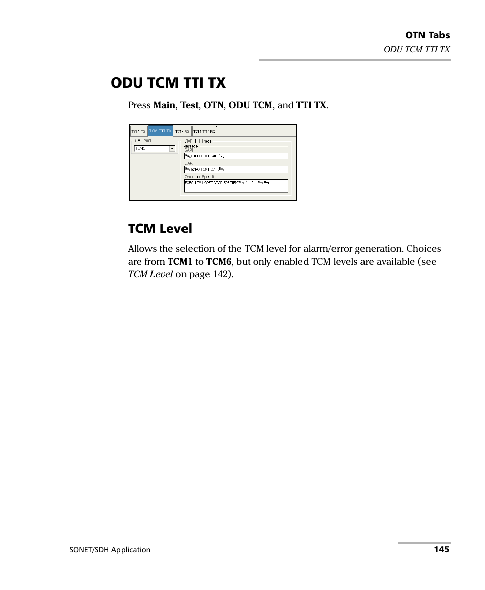 Odu tcm tti tx, Tcm level | EXFO FTB-8100 Series Transport Blazer for FTB-200 User Manual | Page 157 / 518