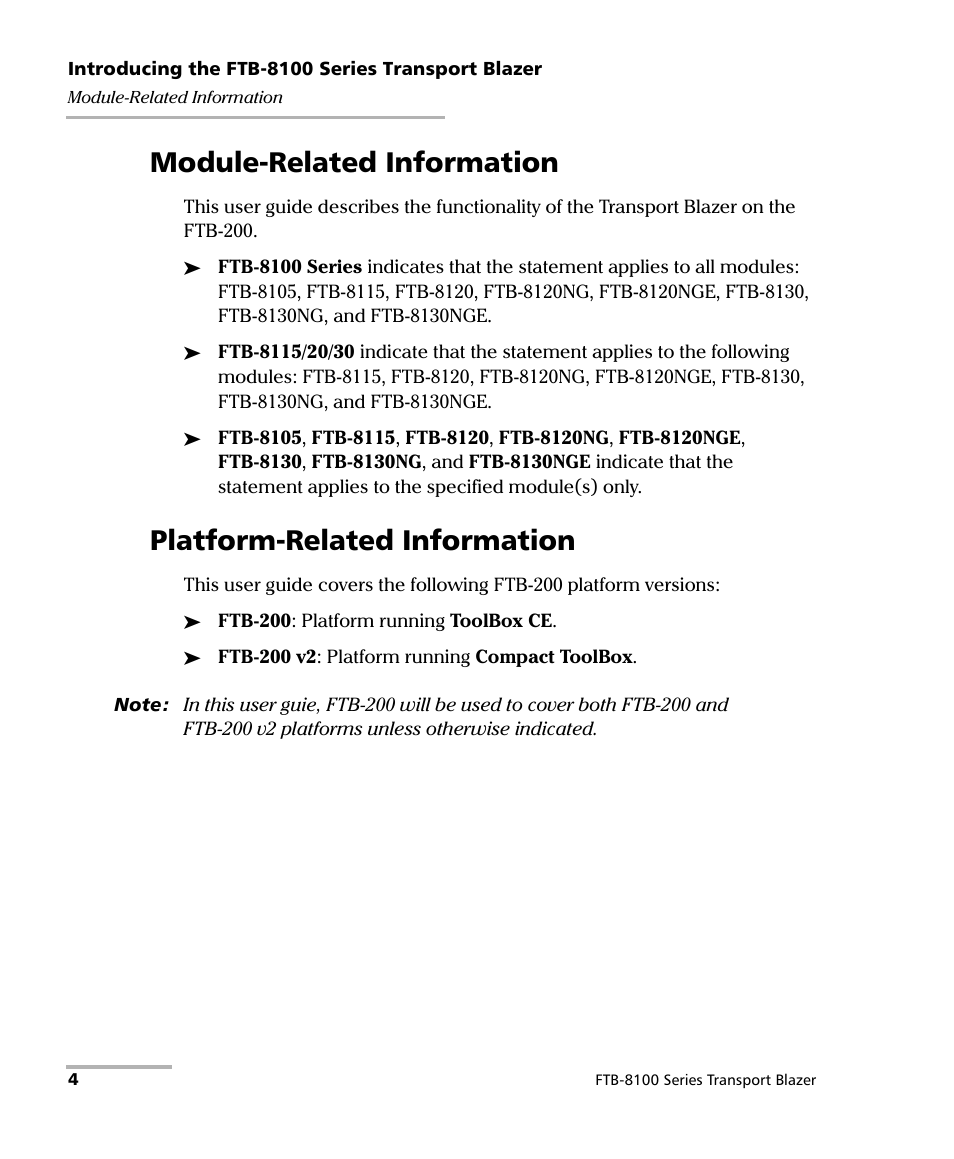 Module-related information, Platform-related information | EXFO FTB-8100 Series Transport Blazer for FTB-200 User Manual | Page 16 / 518