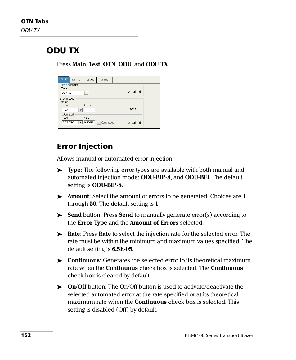 Odu tx, Error injection | EXFO FTB-8100 Series Transport Blazer for FTB-200 User Manual | Page 164 / 518