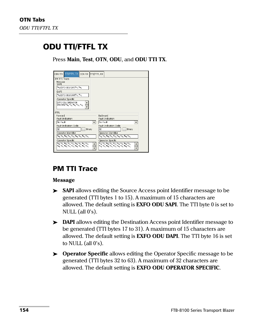 Odu tti/ftfl tx, Pm tti trace | EXFO FTB-8100 Series Transport Blazer for FTB-200 User Manual | Page 166 / 518