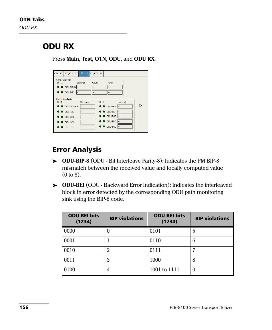Odu rx, Error analysis | EXFO FTB-8100 Series Transport Blazer for FTB-200 User Manual | Page 168 / 518