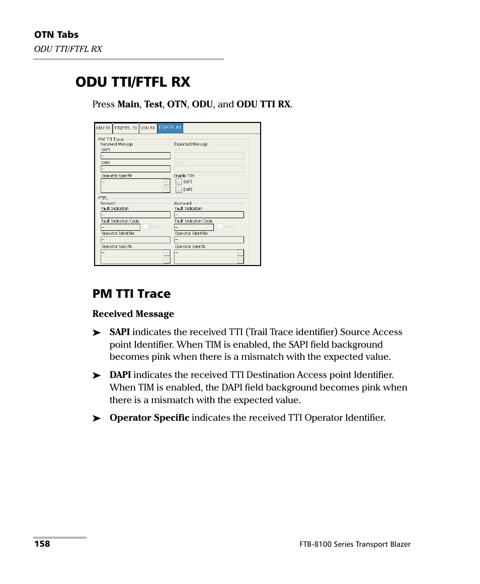 Odu tti/ftfl rx, Pm tti trace | EXFO FTB-8100 Series Transport Blazer for FTB-200 User Manual | Page 170 / 518