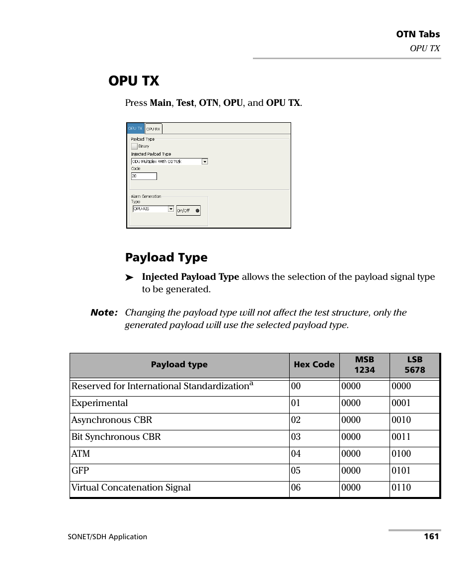 Opu tx, Payload type | EXFO FTB-8100 Series Transport Blazer for FTB-200 User Manual | Page 173 / 518