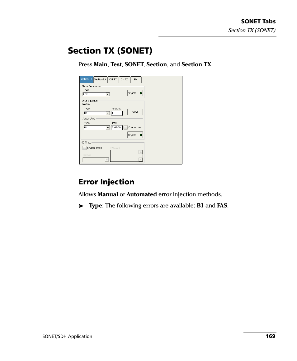 Section tx (sonet), Error injection | EXFO FTB-8100 Series Transport Blazer for FTB-200 User Manual | Page 181 / 518