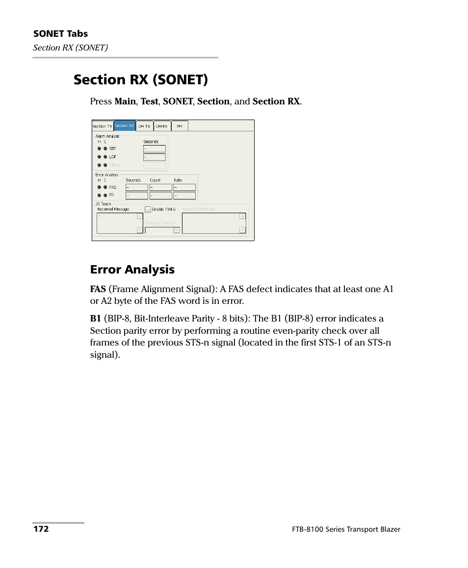 Section rx (sonet), Error analysis | EXFO FTB-8100 Series Transport Blazer for FTB-200 User Manual | Page 184 / 518