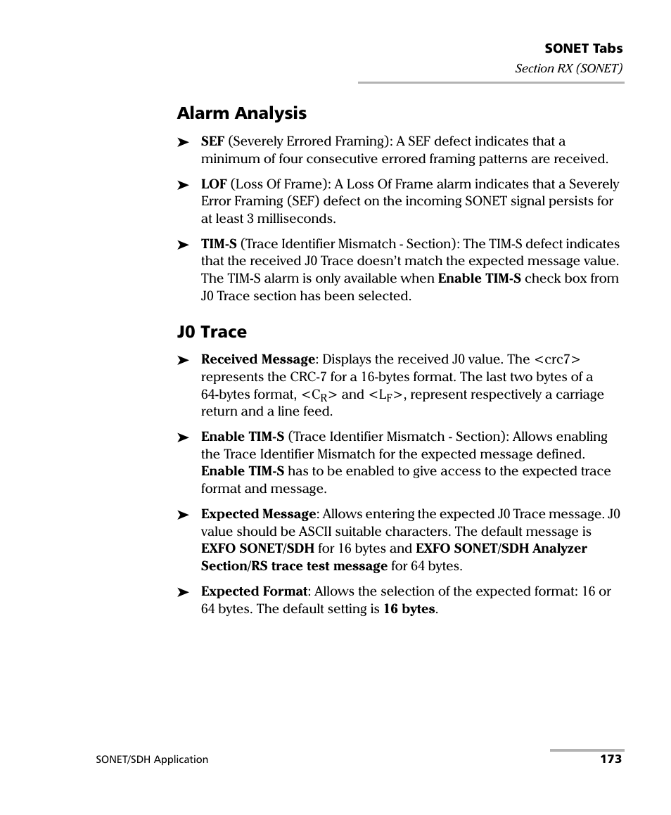 Alarm analysis, J0 trace | EXFO FTB-8100 Series Transport Blazer for FTB-200 User Manual | Page 185 / 518
