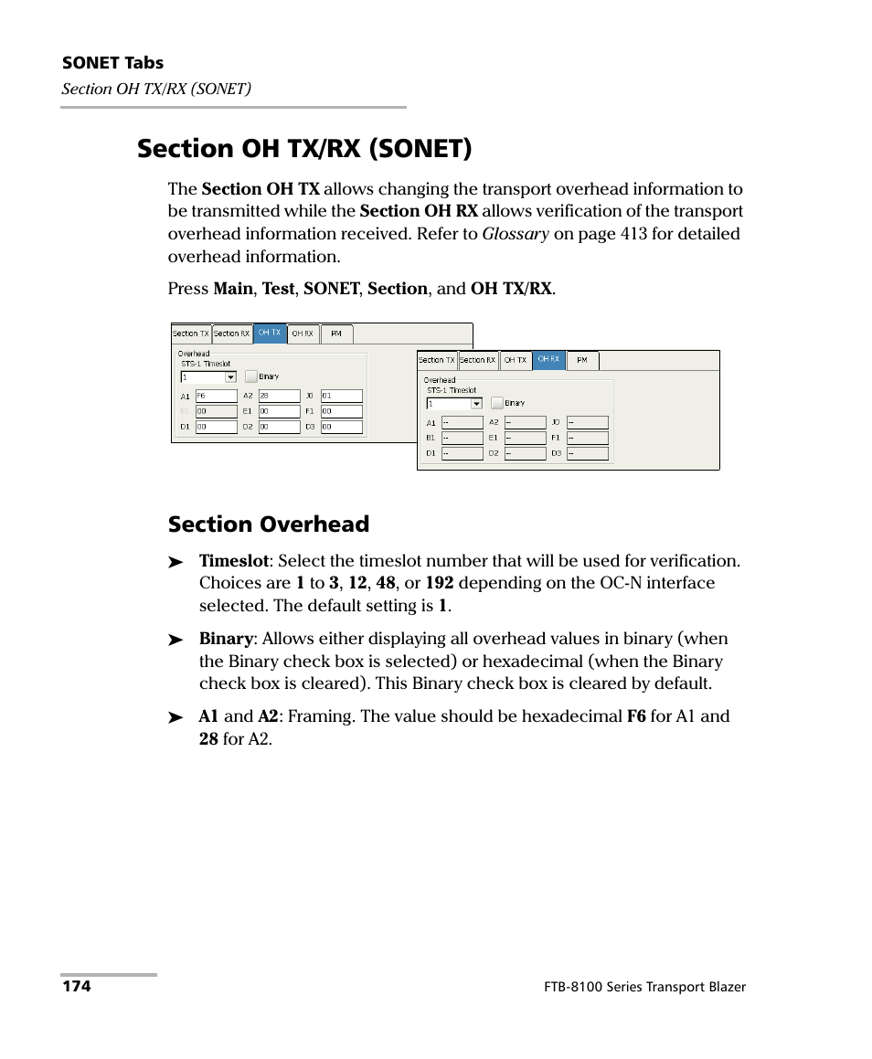Section oh tx/rx (sonet) | EXFO FTB-8100 Series Transport Blazer for FTB-200 User Manual | Page 186 / 518