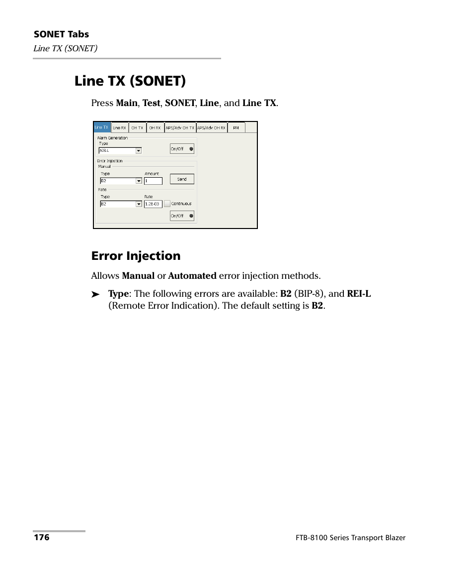 Line tx (sonet), Error injection | EXFO FTB-8100 Series Transport Blazer for FTB-200 User Manual | Page 188 / 518