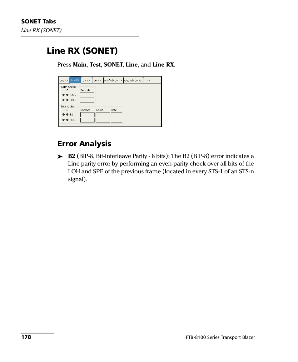 Line rx (sonet), Error analysis | EXFO FTB-8100 Series Transport Blazer for FTB-200 User Manual | Page 190 / 518