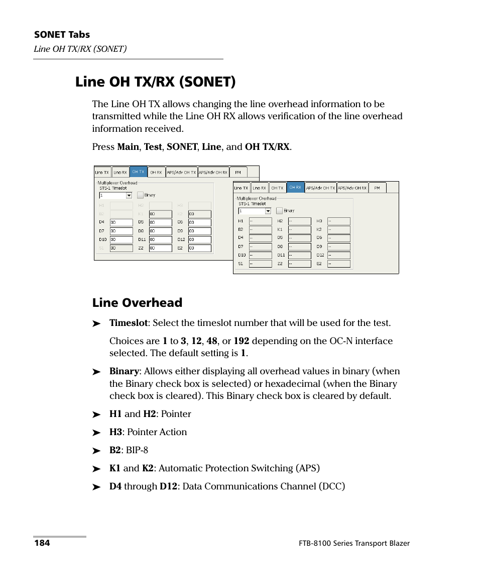 Line oh tx/rx (sonet), Line overhead | EXFO FTB-8100 Series Transport Blazer for FTB-200 User Manual | Page 196 / 518