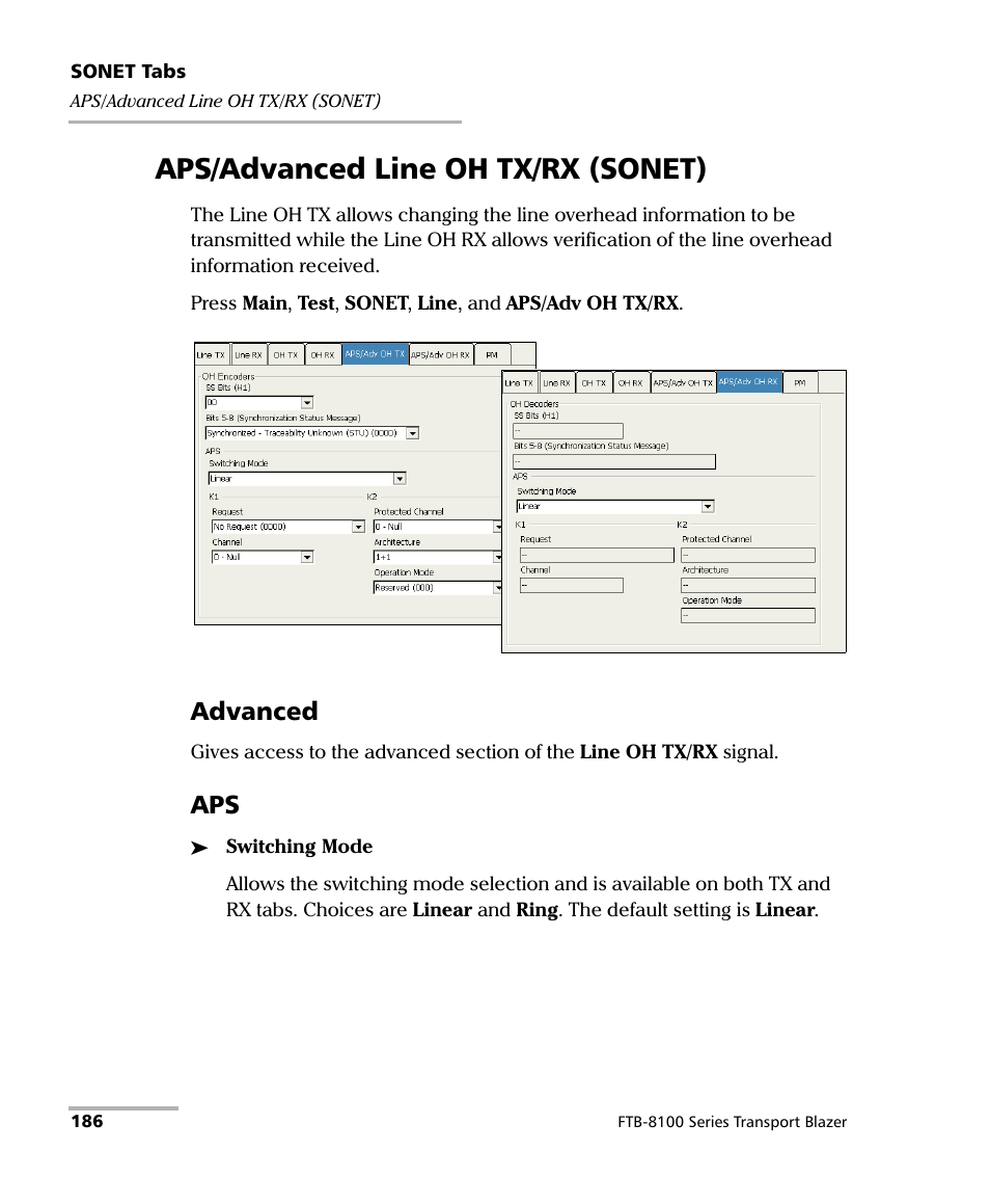 Aps/advanced line oh tx/rx (sonet), Advanced | EXFO FTB-8100 Series Transport Blazer for FTB-200 User Manual | Page 198 / 518