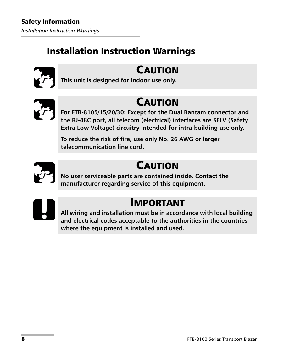 Installation instruction warnings, Aution, Mportant | EXFO FTB-8100 Series Transport Blazer for FTB-200 User Manual | Page 20 / 518