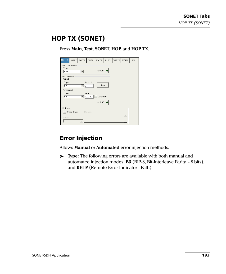 Hop tx (sonet), Error injection | EXFO FTB-8100 Series Transport Blazer for FTB-200 User Manual | Page 205 / 518
