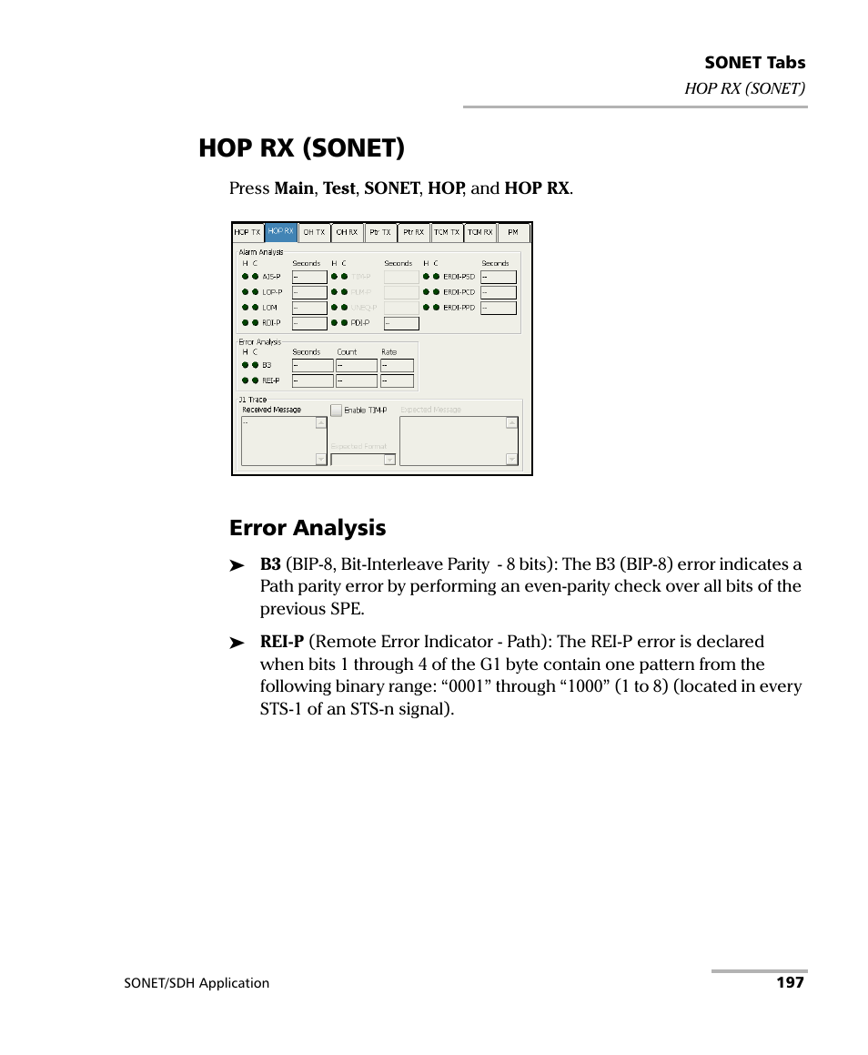 Hop rx (sonet), Error analysis | EXFO FTB-8100 Series Transport Blazer for FTB-200 User Manual | Page 209 / 518