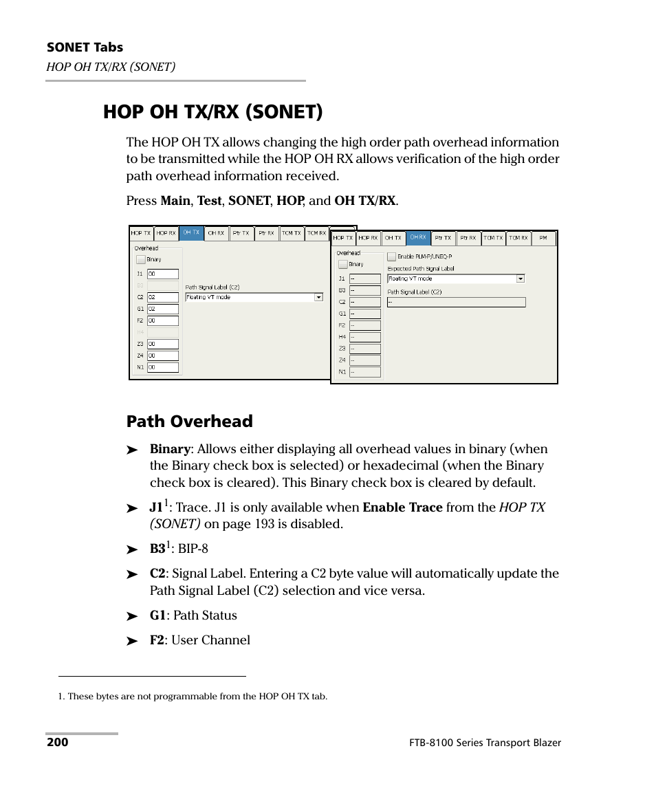 Hop oh tx/rx (sonet), Path overhead | EXFO FTB-8100 Series Transport Blazer for FTB-200 User Manual | Page 212 / 518