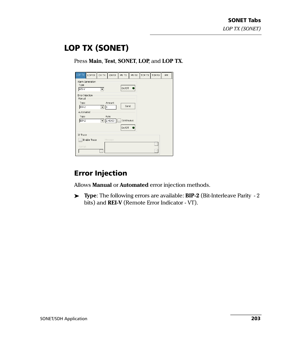 Lop tx (sonet), Error injection | EXFO FTB-8100 Series Transport Blazer for FTB-200 User Manual | Page 215 / 518