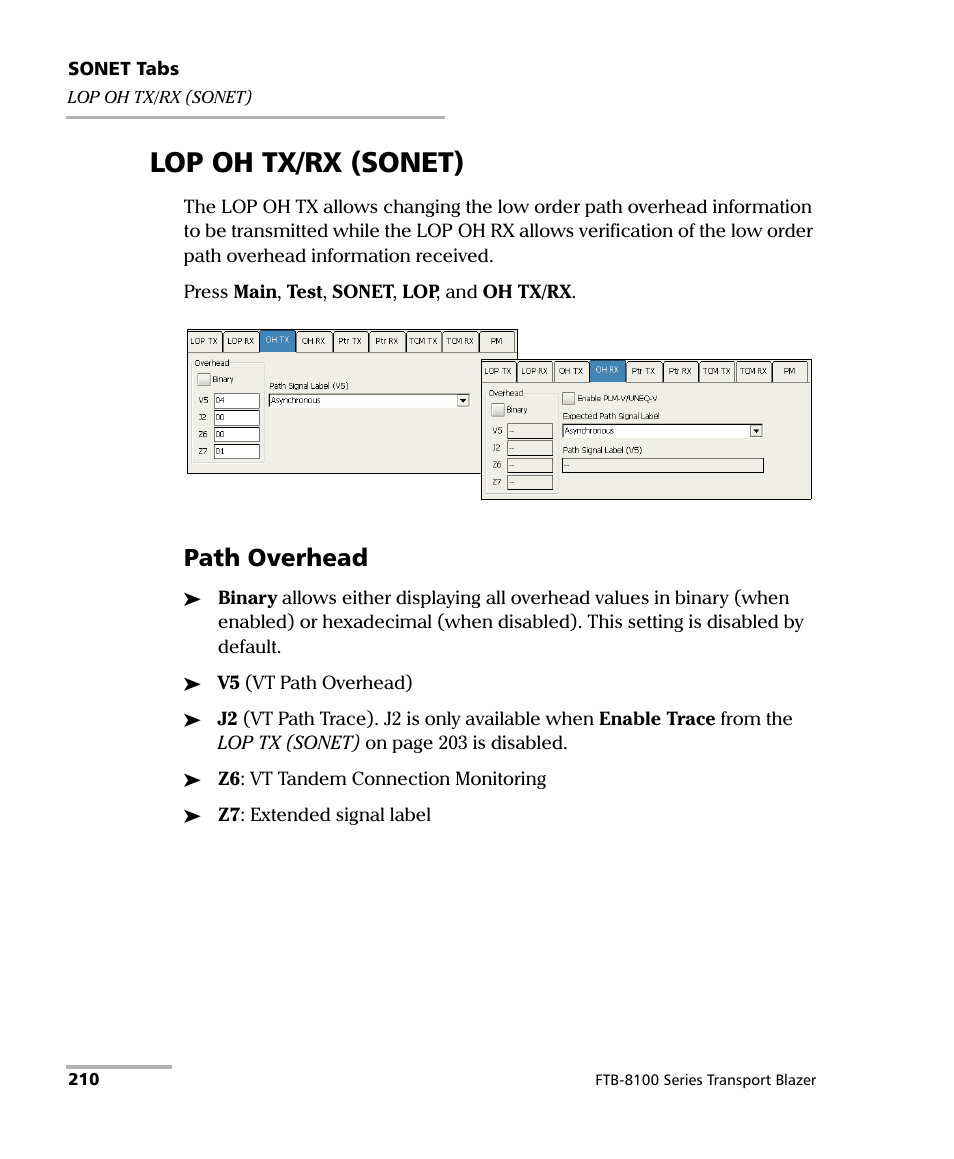 Lop oh tx/rx (sonet), Path overhead | EXFO FTB-8100 Series Transport Blazer for FTB-200 User Manual | Page 222 / 518