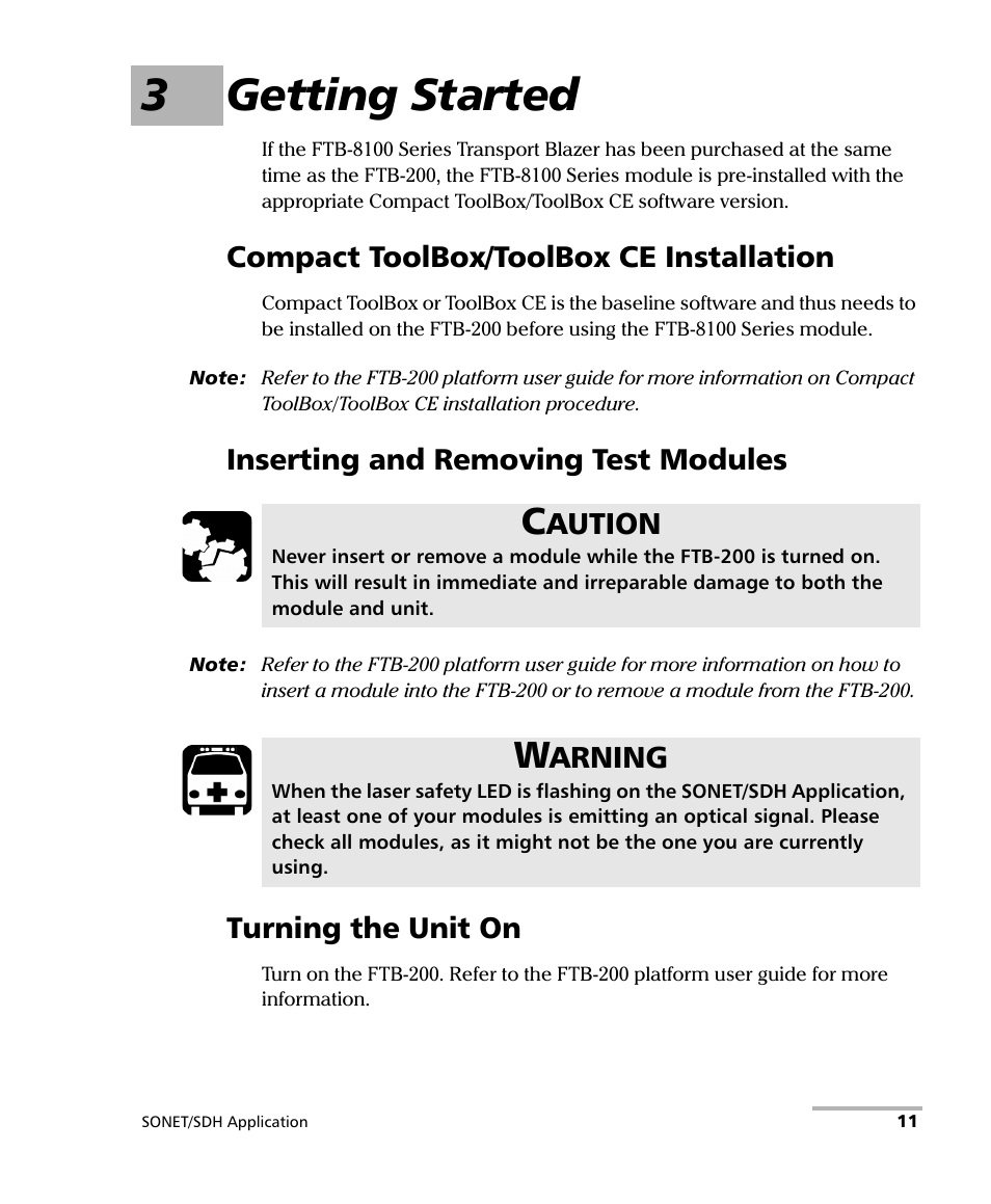 3 getting started, Compact toolbox/toolbox ce installation, Inserting and removing test modules | Turning the unit on, 3getting started, Aution, Arning | EXFO FTB-8100 Series Transport Blazer for FTB-200 User Manual | Page 23 / 518