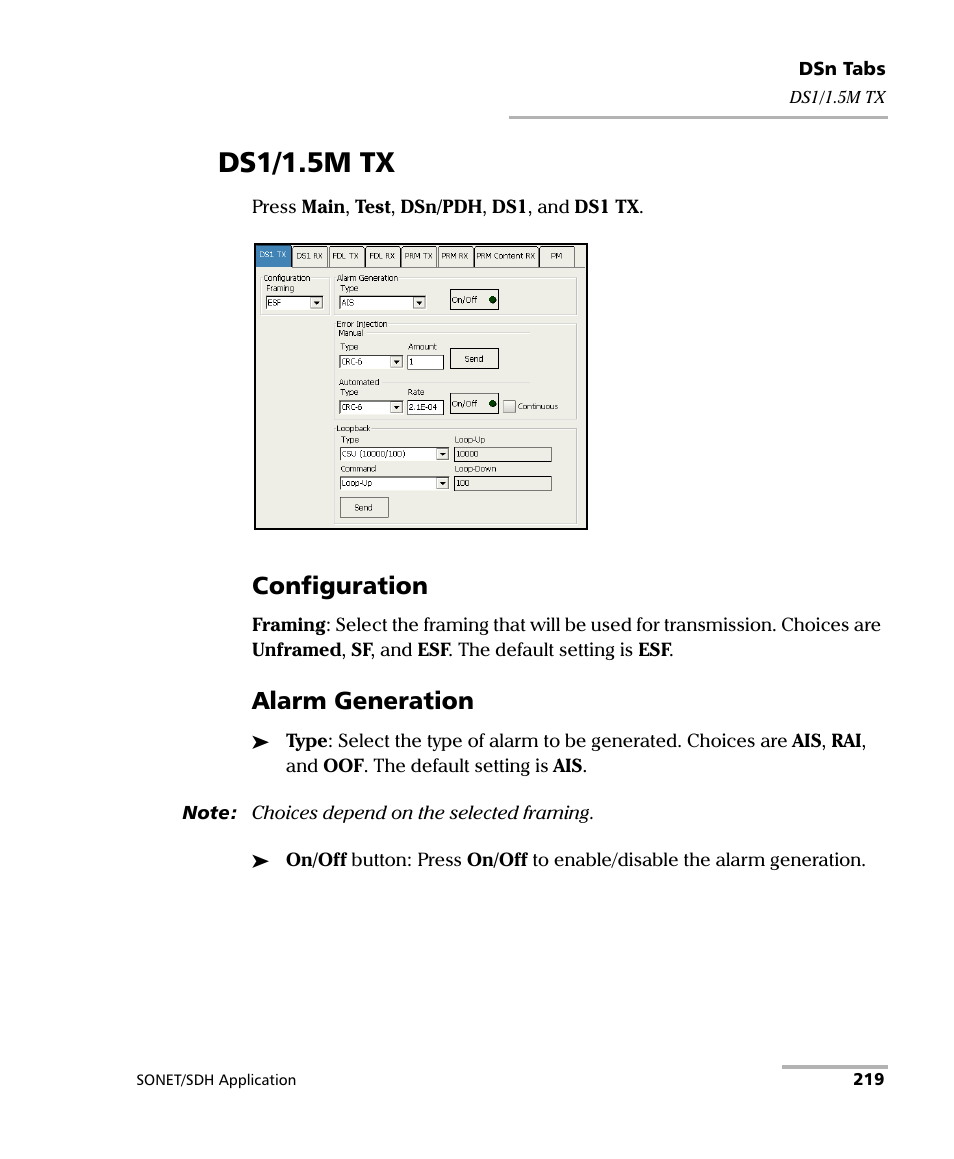 Ds1/1.5m tx, Configuration, Alarm generation | EXFO FTB-8100 Series Transport Blazer for FTB-200 User Manual | Page 231 / 518