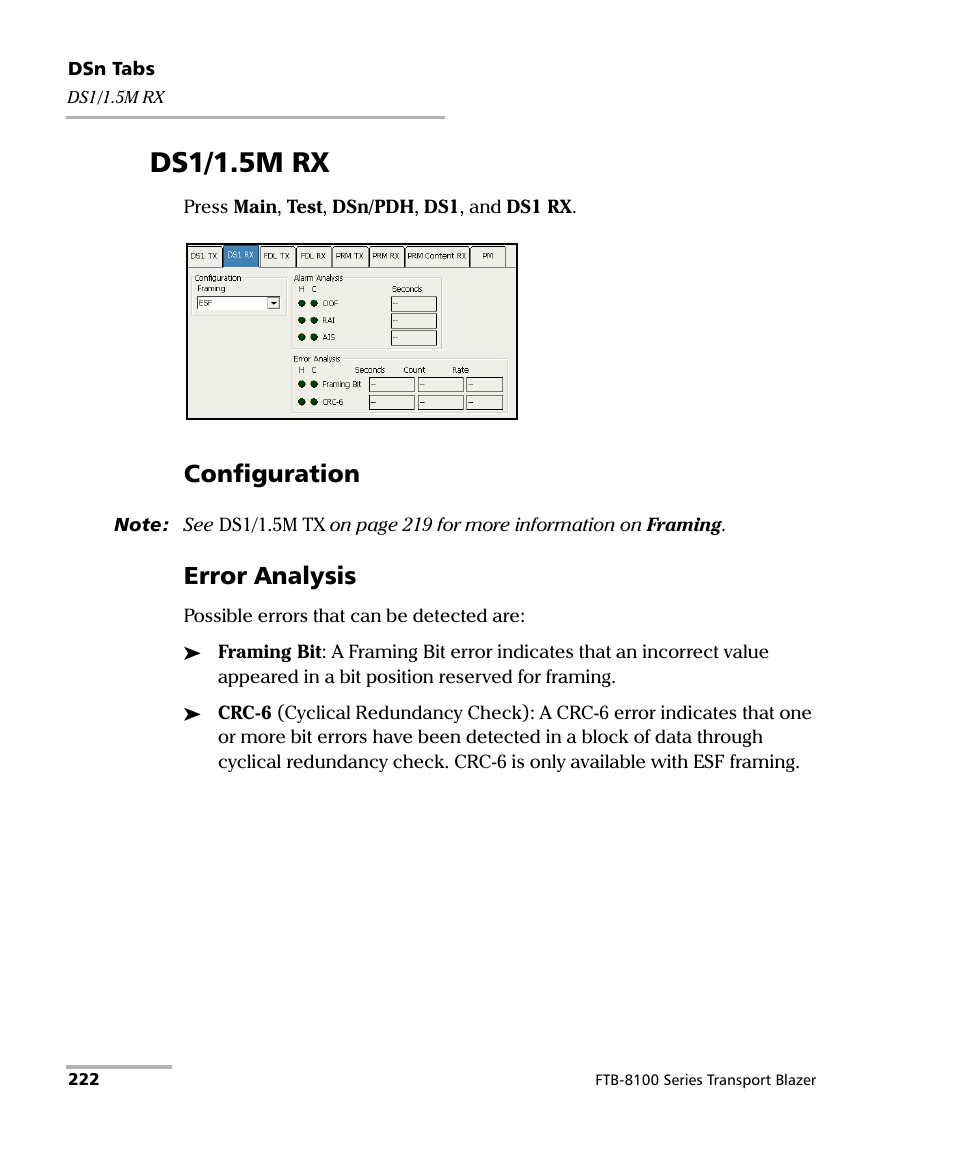 Ds1/1.5m rx, Configuration, Error analysis | EXFO FTB-8100 Series Transport Blazer for FTB-200 User Manual | Page 234 / 518