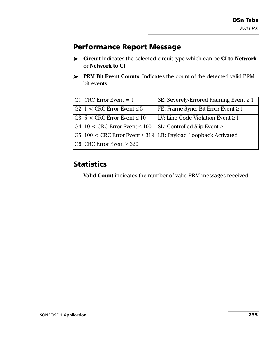 Performance report message, Statistics | EXFO FTB-8100 Series Transport Blazer for FTB-200 User Manual | Page 247 / 518
