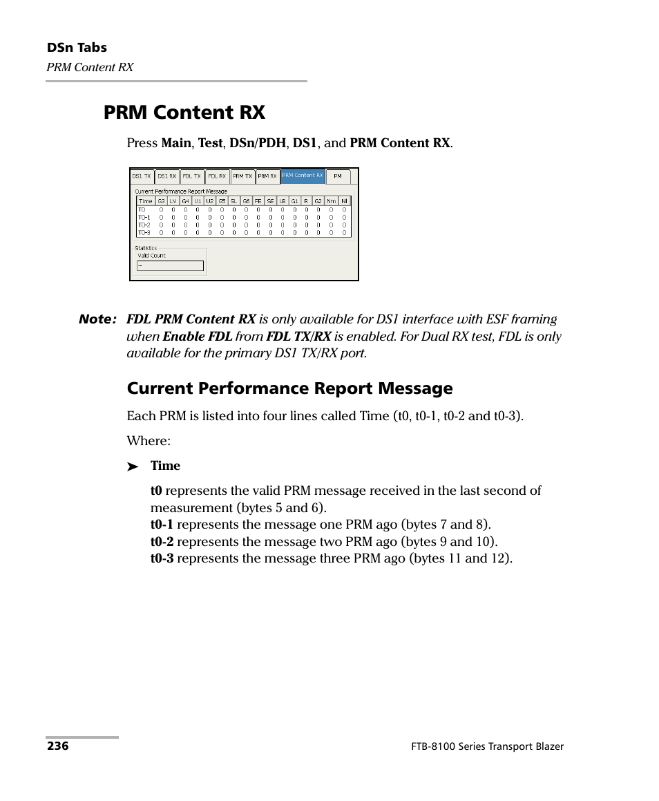 Prm content rx, Current performance report message | EXFO FTB-8100 Series Transport Blazer for FTB-200 User Manual | Page 248 / 518