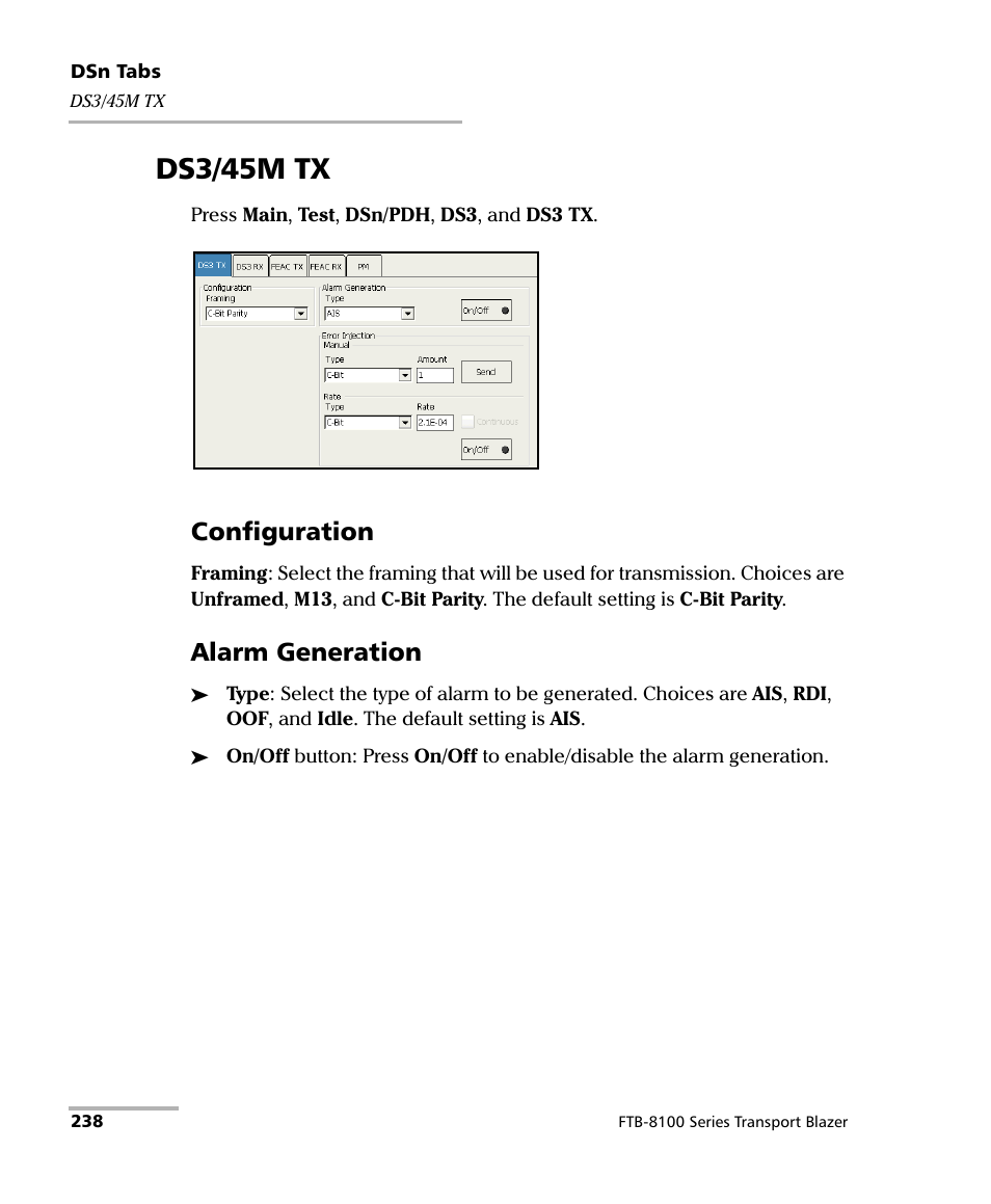 Ds3/45m tx, Configuration, Alarm generation | EXFO FTB-8100 Series Transport Blazer for FTB-200 User Manual | Page 250 / 518