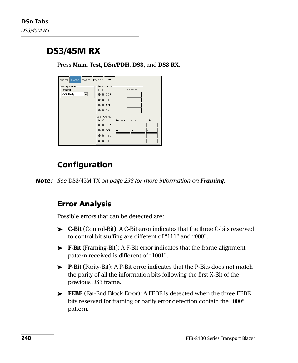 Ds3/45m rx, Configuration, Error analysis | EXFO FTB-8100 Series Transport Blazer for FTB-200 User Manual | Page 252 / 518