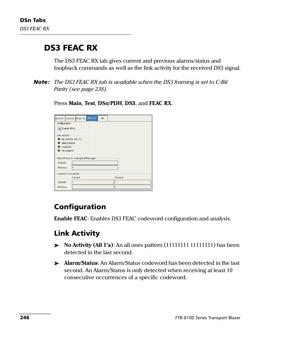 Ds3 feac rx, Configuration, Link activity | EXFO FTB-8100 Series Transport Blazer for FTB-200 User Manual | Page 258 / 518