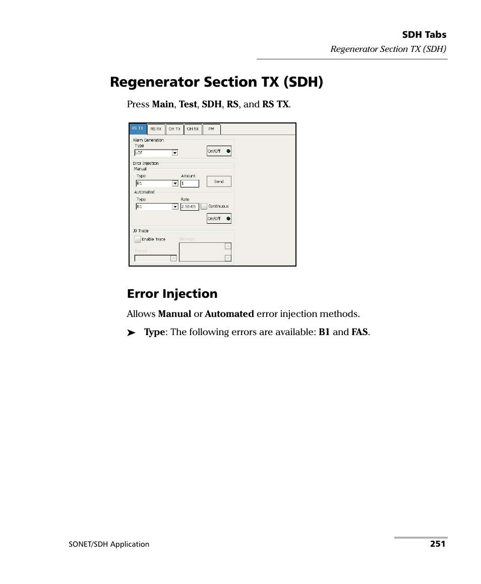 Regenerator section tx (sdh), Error injection | EXFO FTB-8100 Series Transport Blazer for FTB-200 User Manual | Page 263 / 518