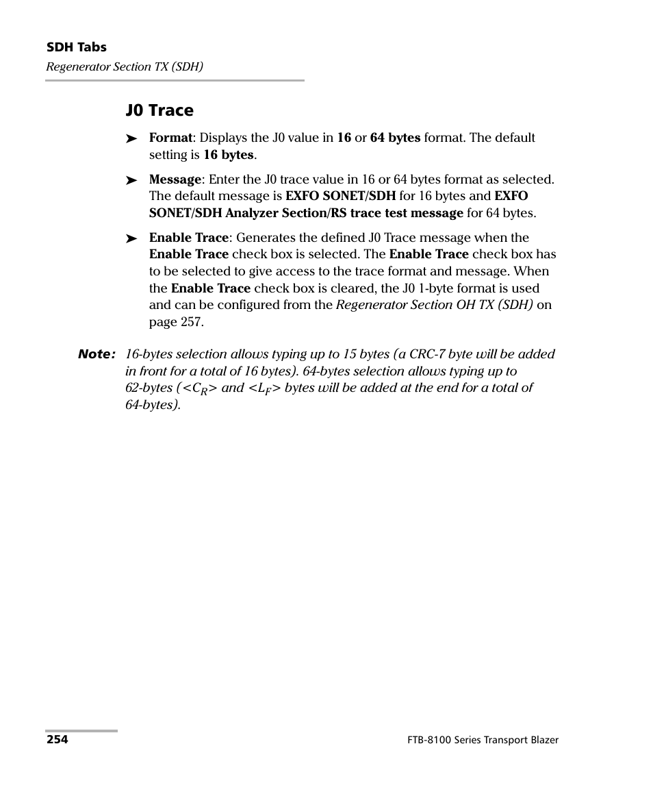 254 (sdh), J0 trace | EXFO FTB-8100 Series Transport Blazer for FTB-200 User Manual | Page 266 / 518