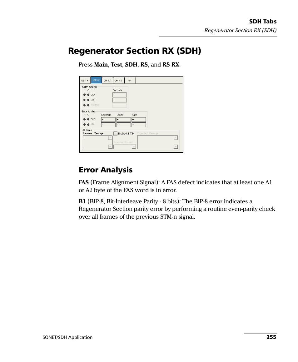 Regenerator section rx (sdh), Error analysis | EXFO FTB-8100 Series Transport Blazer for FTB-200 User Manual | Page 267 / 518