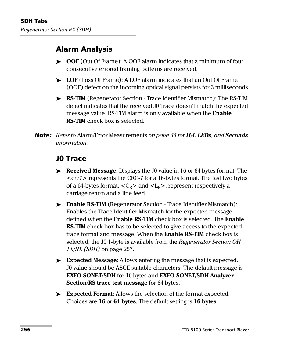 Alarm analysis, J0 trace | EXFO FTB-8100 Series Transport Blazer for FTB-200 User Manual | Page 268 / 518